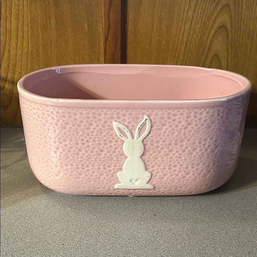 Pink Ceramic Basket with Bunny Design